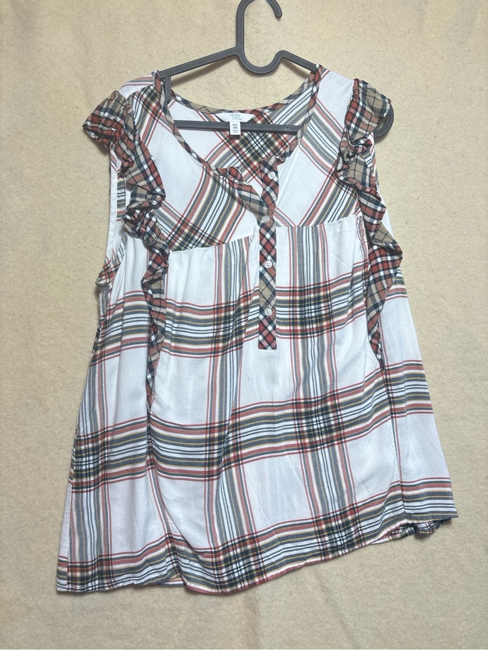 Plaid Ruffled Sleeveless Blouse - White, Red, Green xxl. 
Item 22